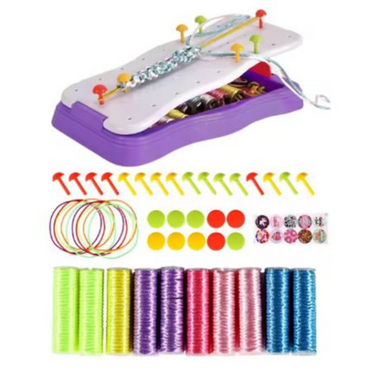 Assortment of vibrant yarns and beads from the Kids' Knitting Bracelet Making Kit, perfect for creative play