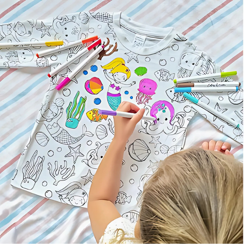 Kids DIY pajama set with outline design, washable markers, creative craft for children's sleepwear