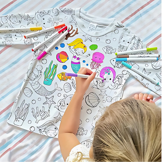 Kids DIY pajama set with outline design, washable markers, creative craft for children's sleepwear