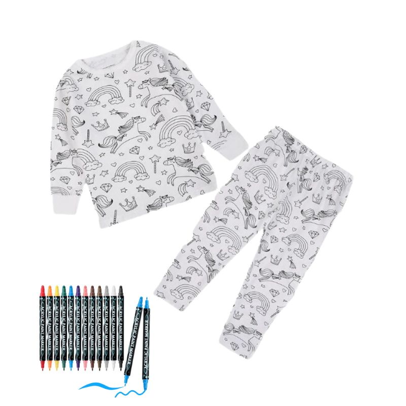Overhead view of a DIY pajama coloring set, including sleepwear and washable creative markers