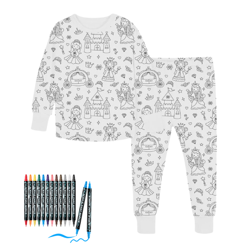 Washable markers scattered around an uncolored DIY pajama, inviting kids to design their own sleepwear