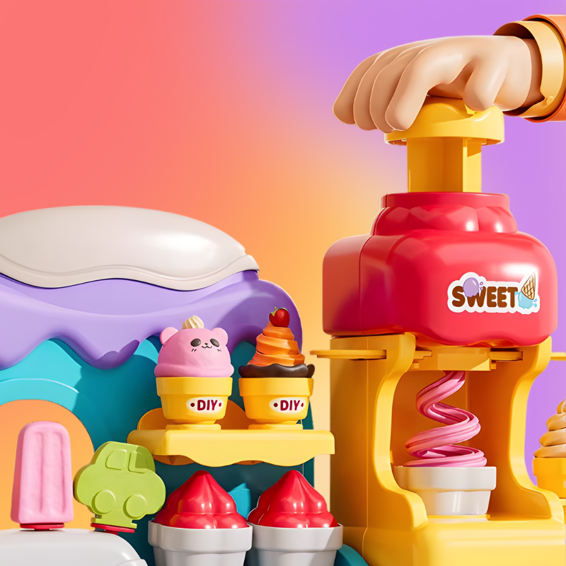 Kids DIY play dough ice cream and snacks making kit for creative and sensory play, enhancing motor skills.