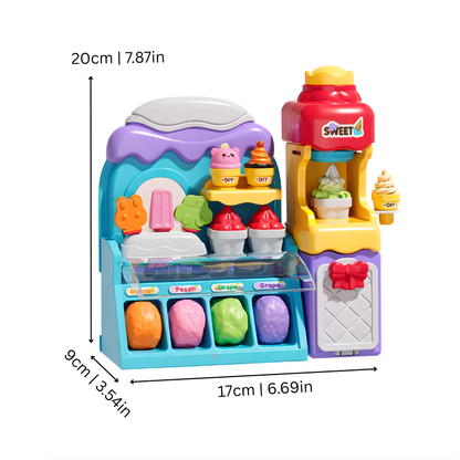 Toddler activity kit with colorful play dough, ice cream, and snack molds for pretend play fun.