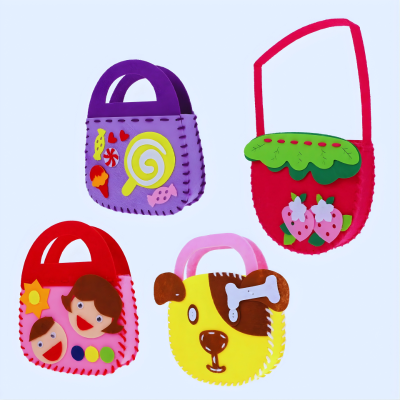 Kids DIY sewing craft kit for mini handbag design, promoting creativity & fine motor skills