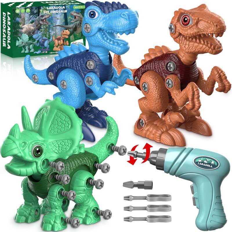 Kids DIY take apart dinosaur toy set with tools and three colorful dinos: T-Rex, Triceratops, Velociraptor.