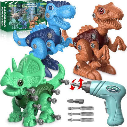 Kids DIY take apart dinosaur toy set with tools and three colorful dinos: T-Rex, Triceratops, Velociraptor.