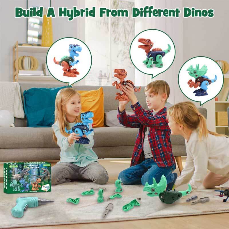 Child's hands assembling a green plastic Triceratops take apart dinosaur STEM toy with included miniature screwdriver.