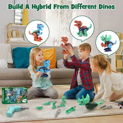 Child's hands assembling a green plastic Triceratops take apart dinosaur STEM toy with included miniature screwdriver.