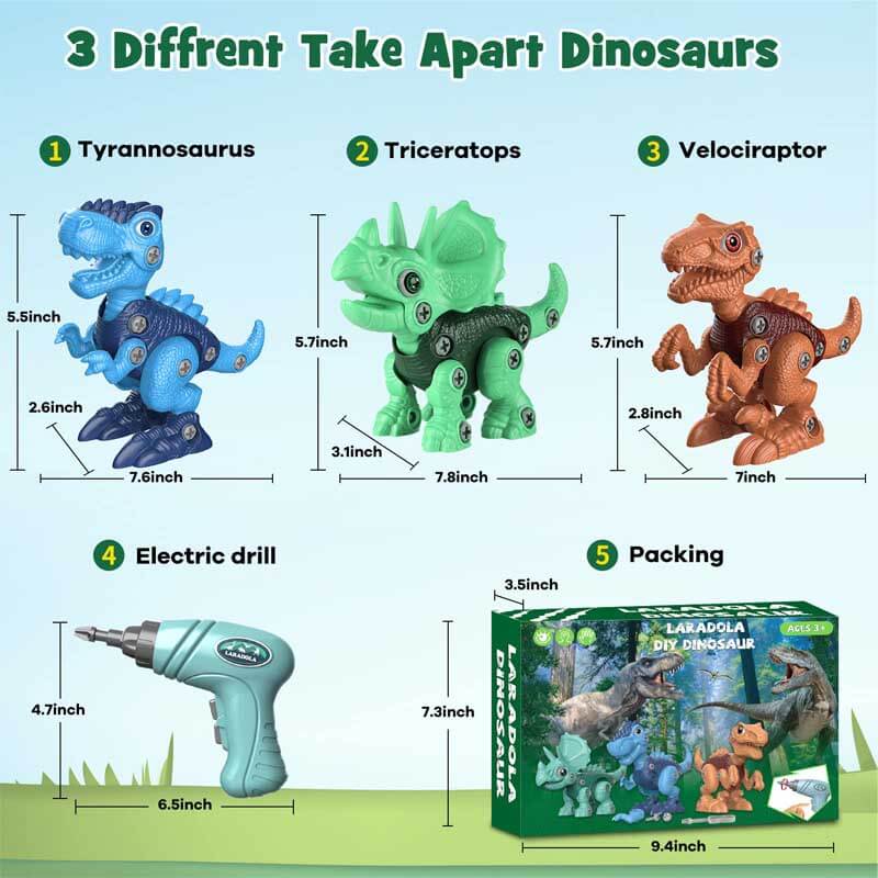 Tabletop view of a disassembled take apart dinosaur toy with all its parts and tools, ready for kids' building.