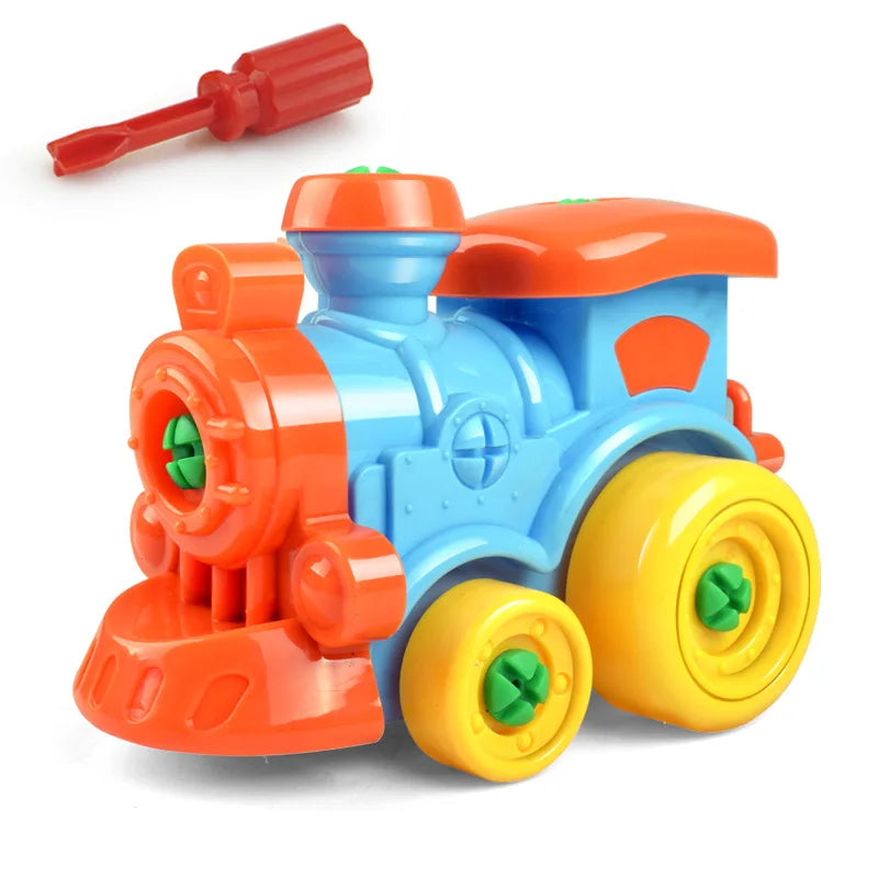 Close-up of children's hands assembling red race car from DIY Vehicle Building Set, motor toy
