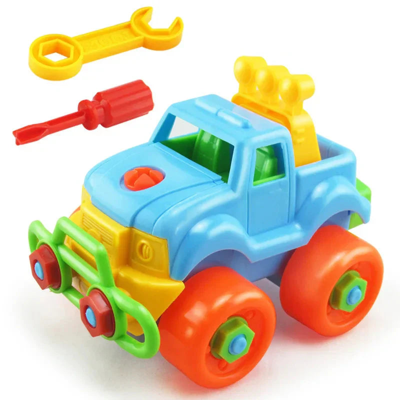 Child proudly displaying a self-assembled blue car from the Kids DIY Vehicle Construction Toy Kit