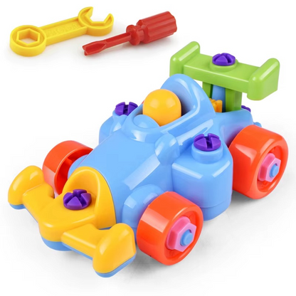 Detailed view of motor and wheels of a train from the Assemble & Drive Toy Car Screw Set for kids