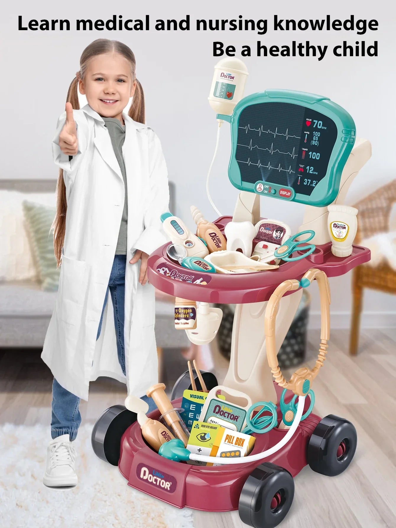 Kids Doctor Cart Toy Set with medical accessories, perfect for imaginative pretend play and learning