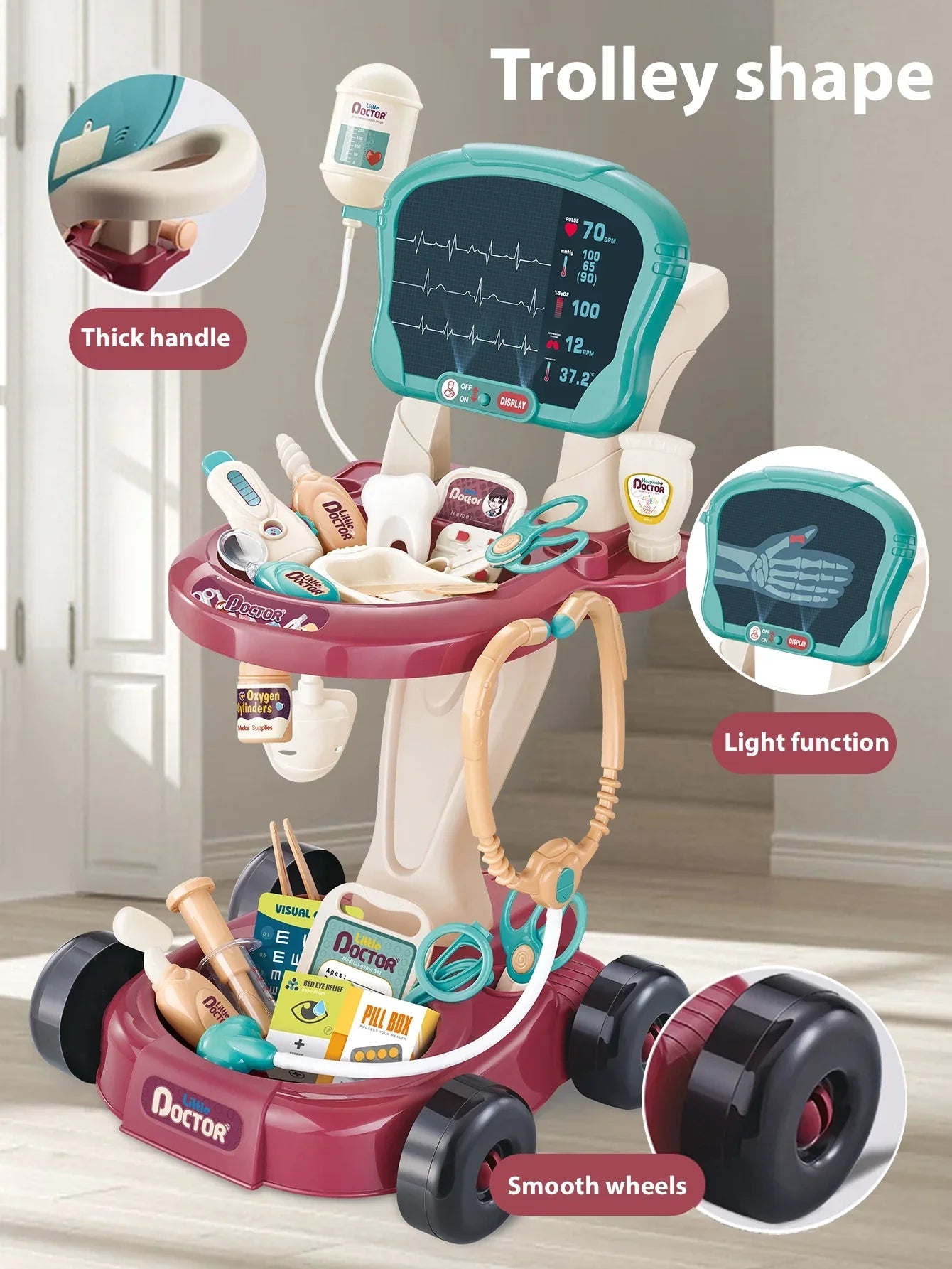 Toddler playing with doctor cart toy, stethoscope, and medical kit, fostering creativity and role play