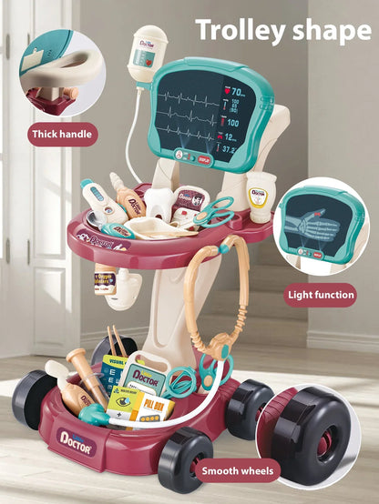 Toddler playing with doctor cart toy, stethoscope, and medical kit, fostering creativity and role play