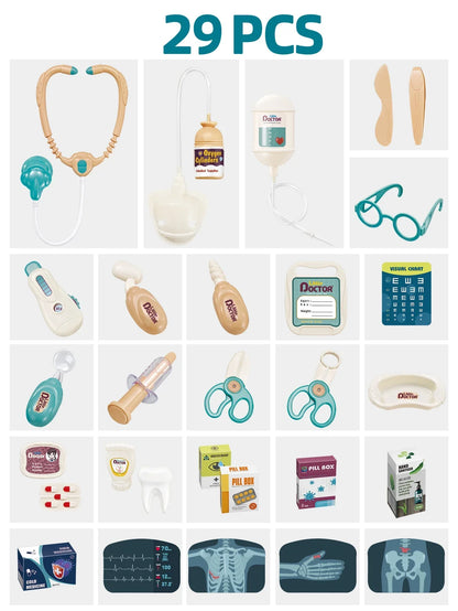 Close-up of a kids doctor cart toy with various medical tools for educational pretend play