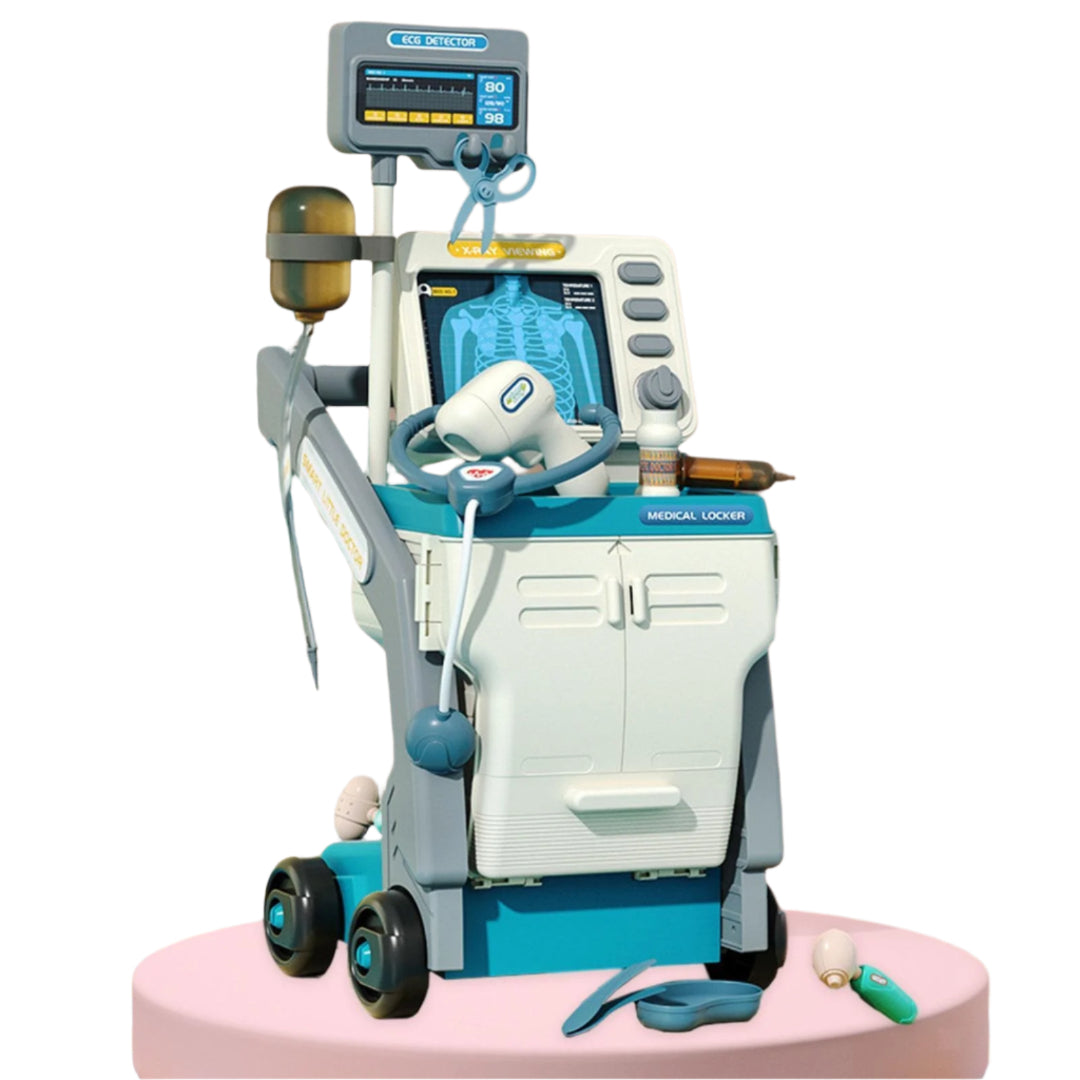 Kids doctor play cart with medical tools, stethoscope, and syringe for imaginative play