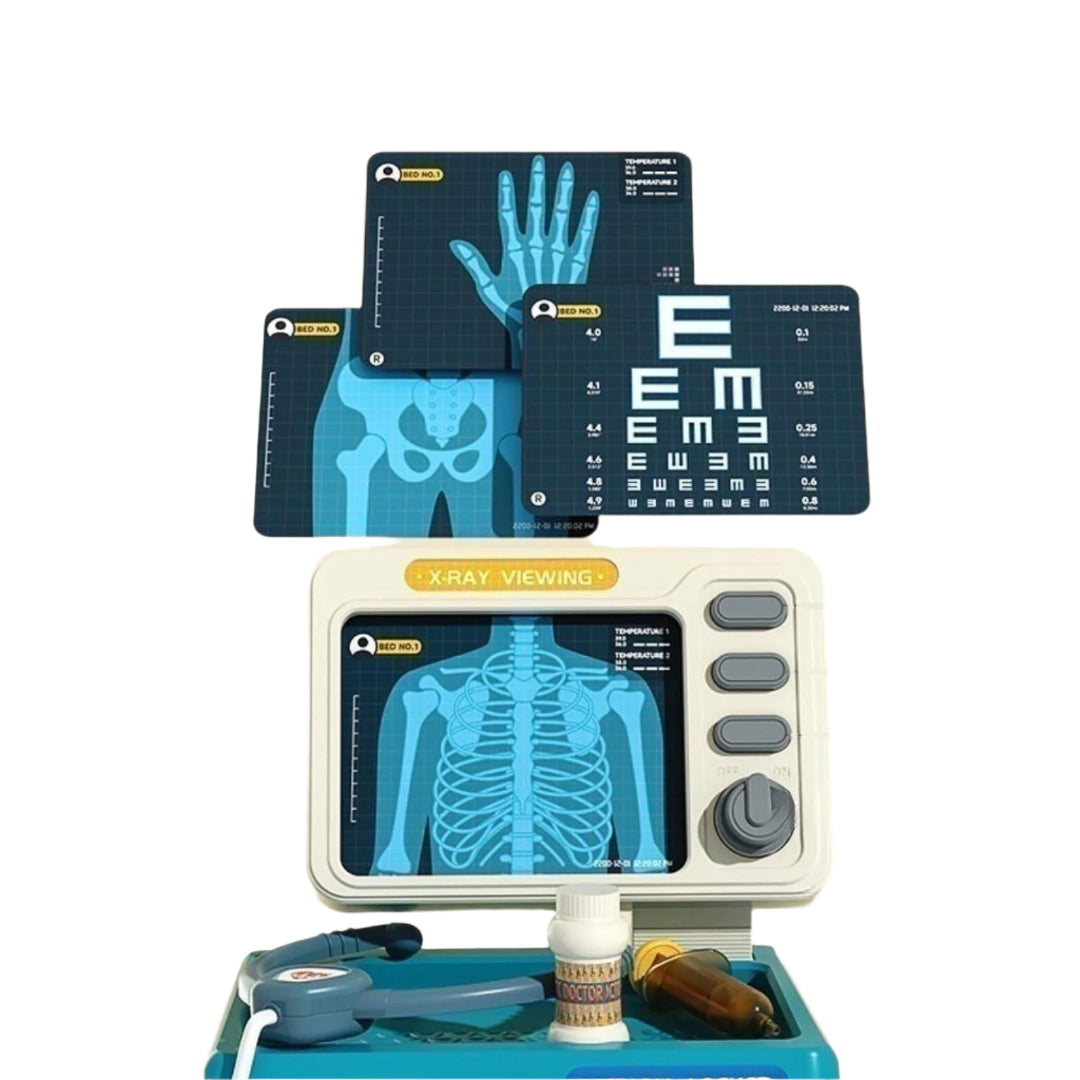 Children's medical kit in a toy cart, featuring a stethoscope, thermometer, and glasses