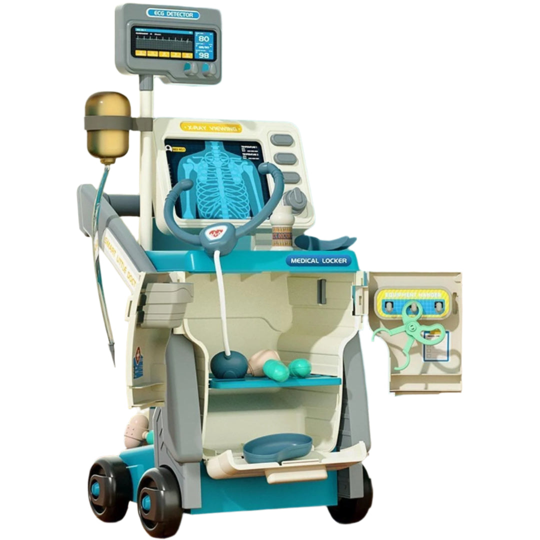 Close-up of a doctor play set's medical instruments in a toy cart, encouraging role play