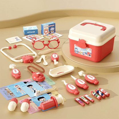 Brightly colored Kids Doctor Play Kit open, showcasing an array of educational medical toys