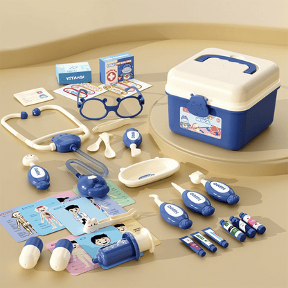 Kids Doctor Play Kit case with all medical tools neatly packed, ready for travel fun