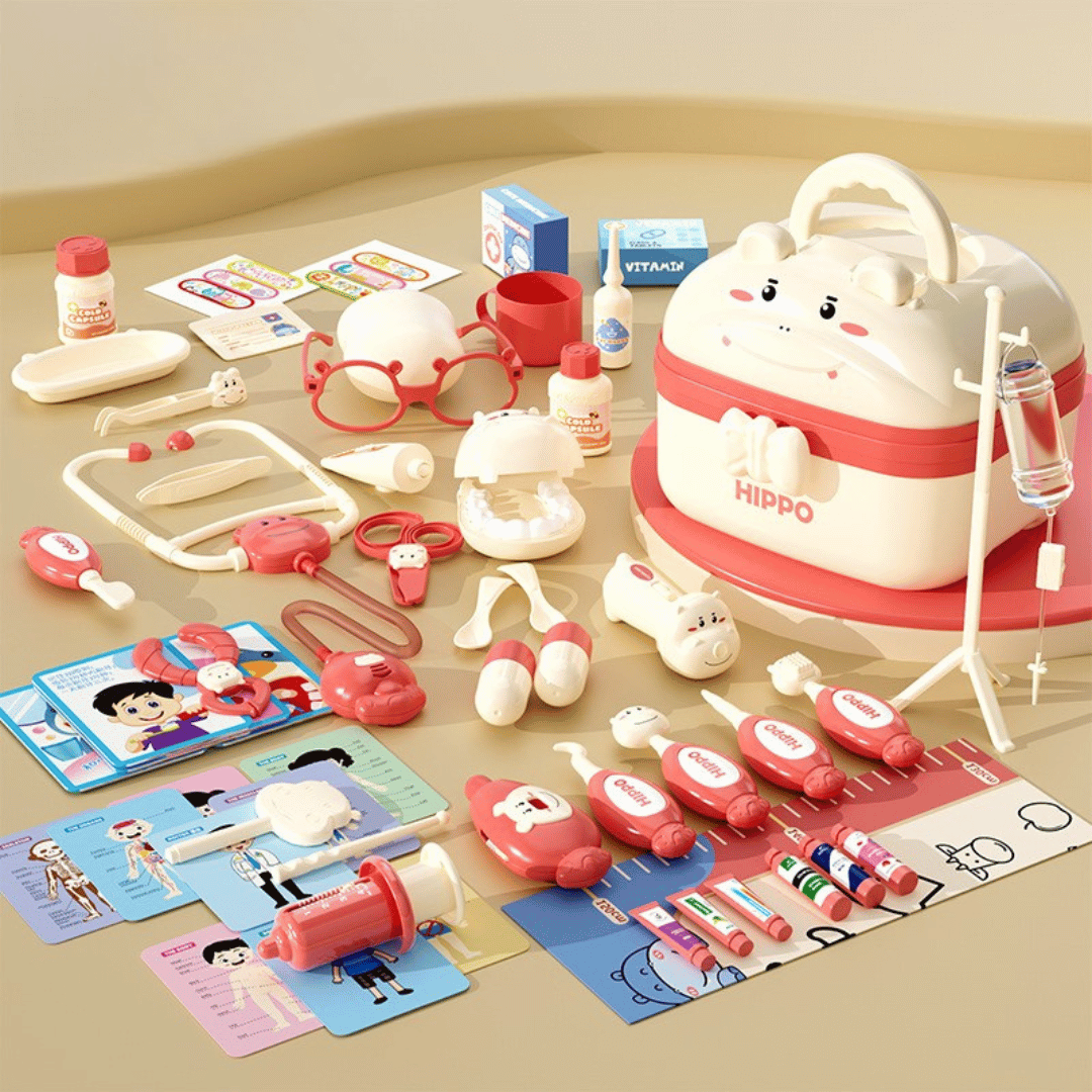 Young girl happily playing with her Kids Doctor Play Kit, learning about healthcare