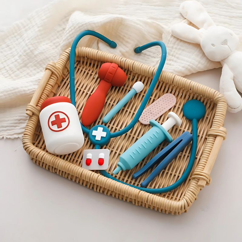Kids doctor play kit with stethoscope, syringe, and toy tools for imaginative medical role-play