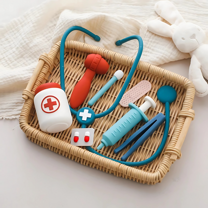 Kids doctor play kit with stethoscope, syringe, and toy tools for imaginative medical role-play