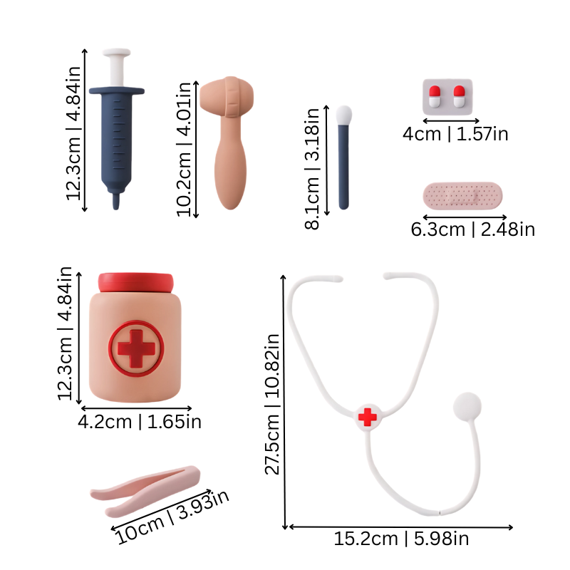 Medical toy set for children, featuring a doctor's bag, thermometer, and playful instruments