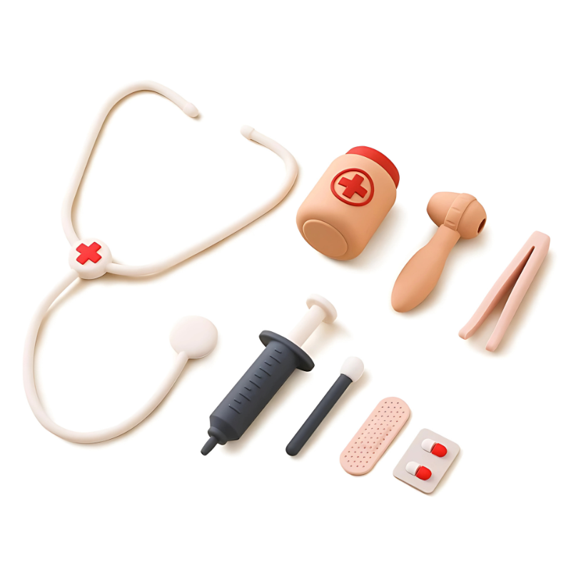 Close-up of a child's doctor play kit showing a pretend stethoscope and eyeglasses