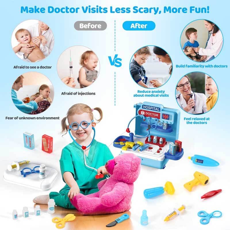 Toddler role-play medical cart toy with blinking lights and realistic sounds for engaging children's games