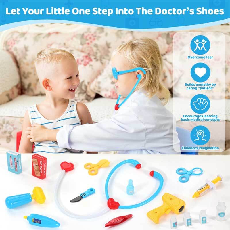 Educational doctor playset for kids, featuring a blue and white medical cart and various toy instruments