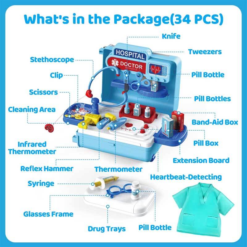 Close-up of a kids doctor playset medical cart, showcasing toy stethoscope, syringe, and patient chart