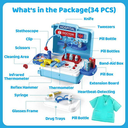 Close-up of a kids doctor playset medical cart, showcasing toy stethoscope, syringe, and patient chart