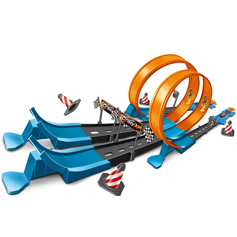 Kids' double looping race track set with two toy cars, bright and engaging for young racers.