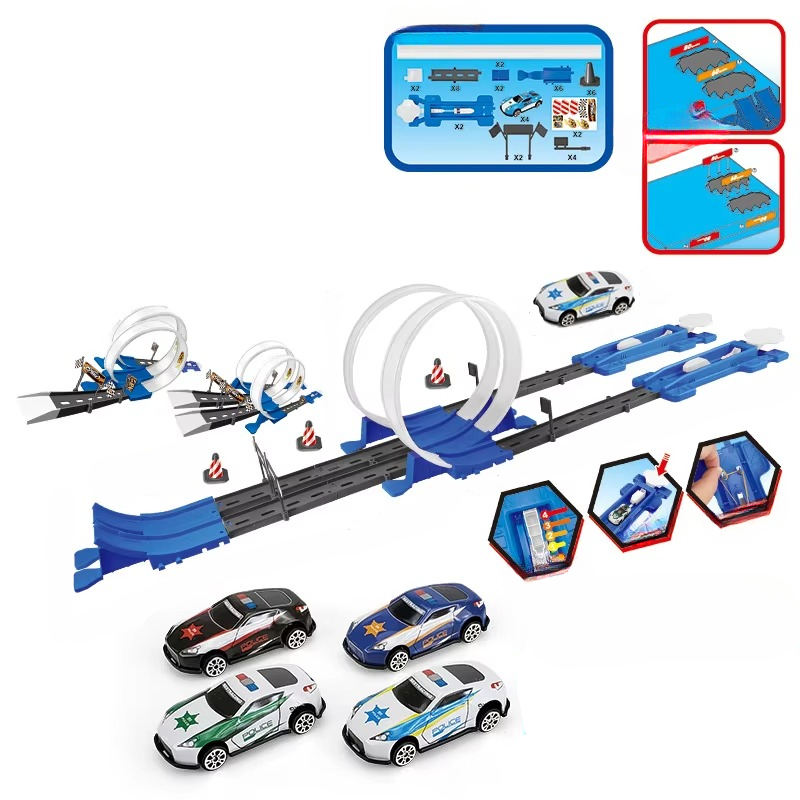Action shot of toy cars in mid-air on the double loop, showcasing the track's thrilling design for kids.