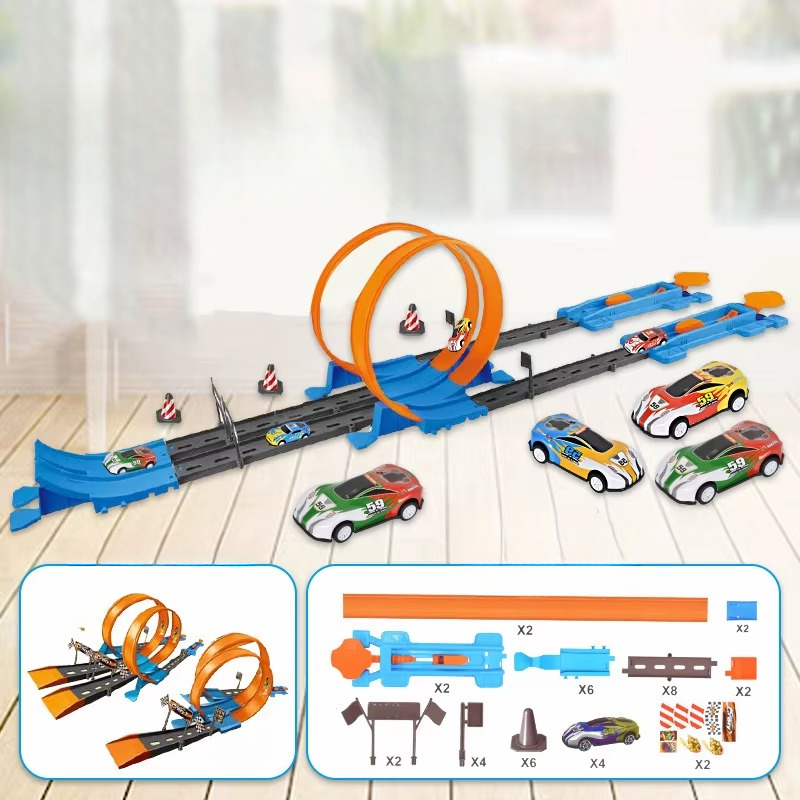 Educational toy: kids' double looping race track with cars, promoting STEM learning through play.