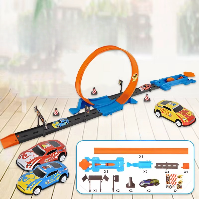 Durable kids' double looping race track set, built for energetic play and long-lasting entertainment.