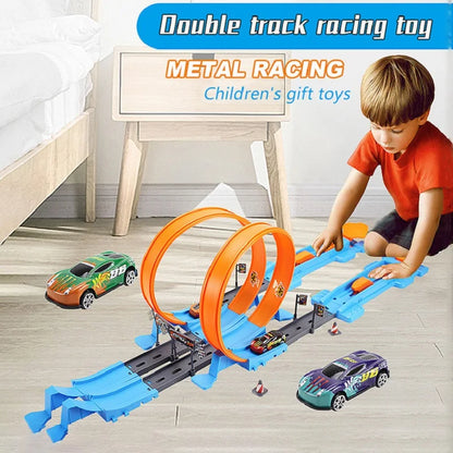 Colorful double looping toy race track for kids, showing cars speeding through 360-degree loops.