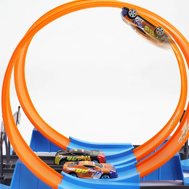 Overhead view of a kids' double looping race track set, perfect for educational play and family fun.