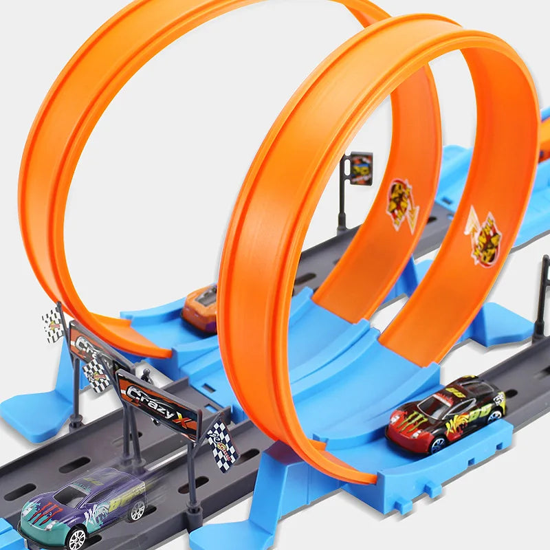 Close-up of a toy race car on a bright orange double loop track, depicting excitement and speed.