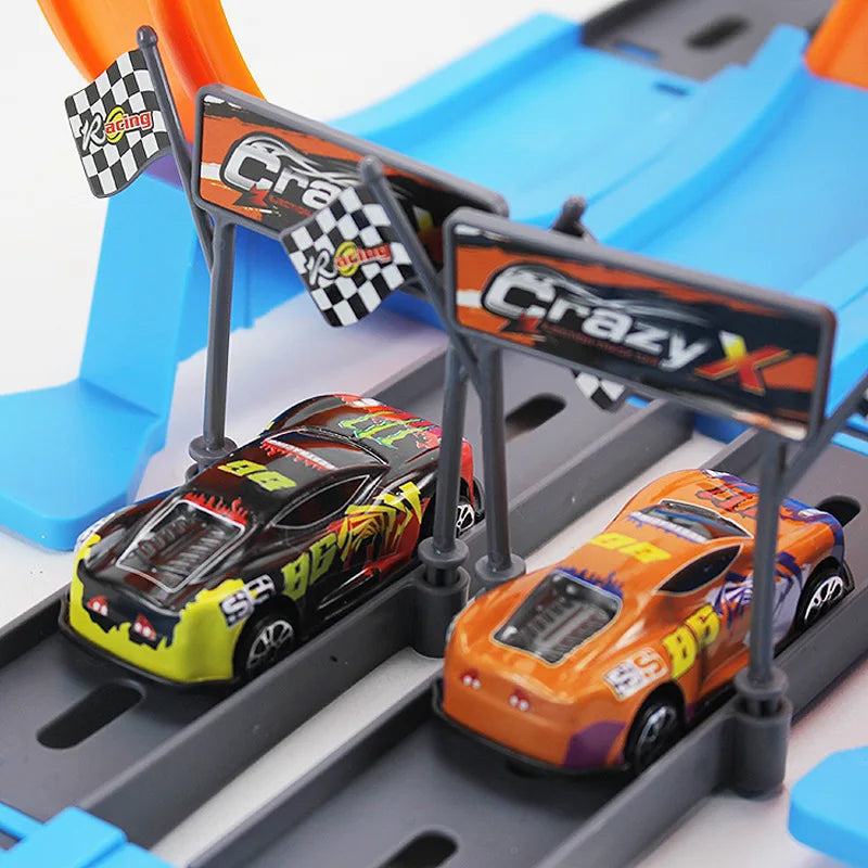 Children's hands launching toy cars on a double looping race track, emphasizing interactive play.