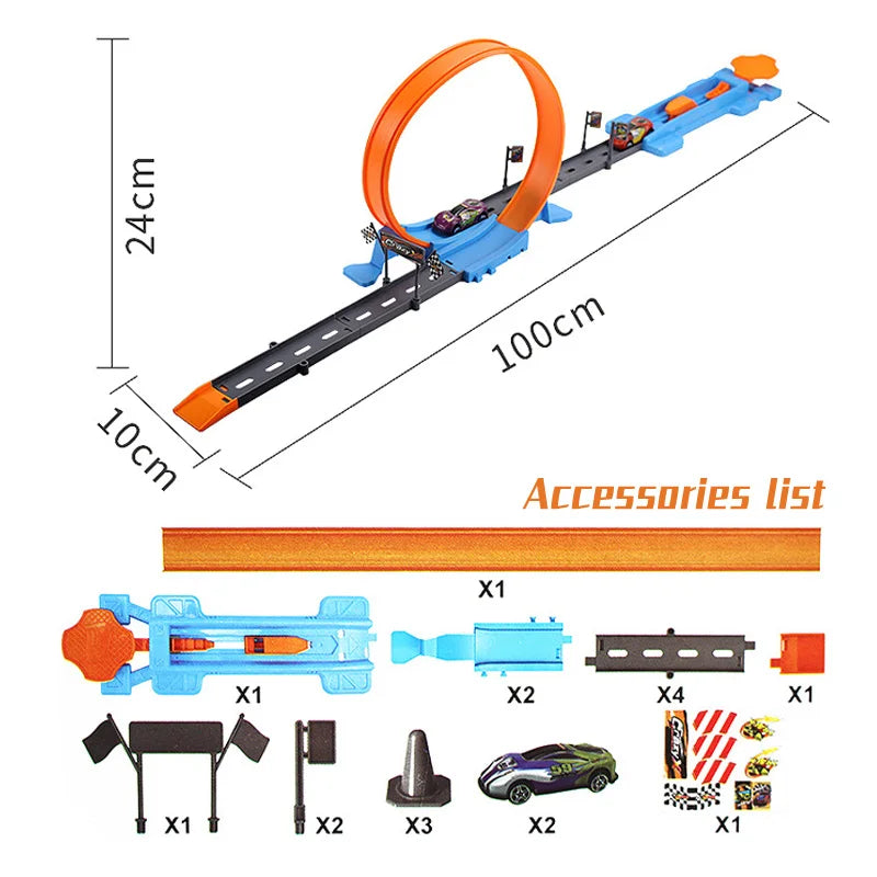 Detailed shot of the double loop feature on a kids' race track set, highlighting its unique design.
