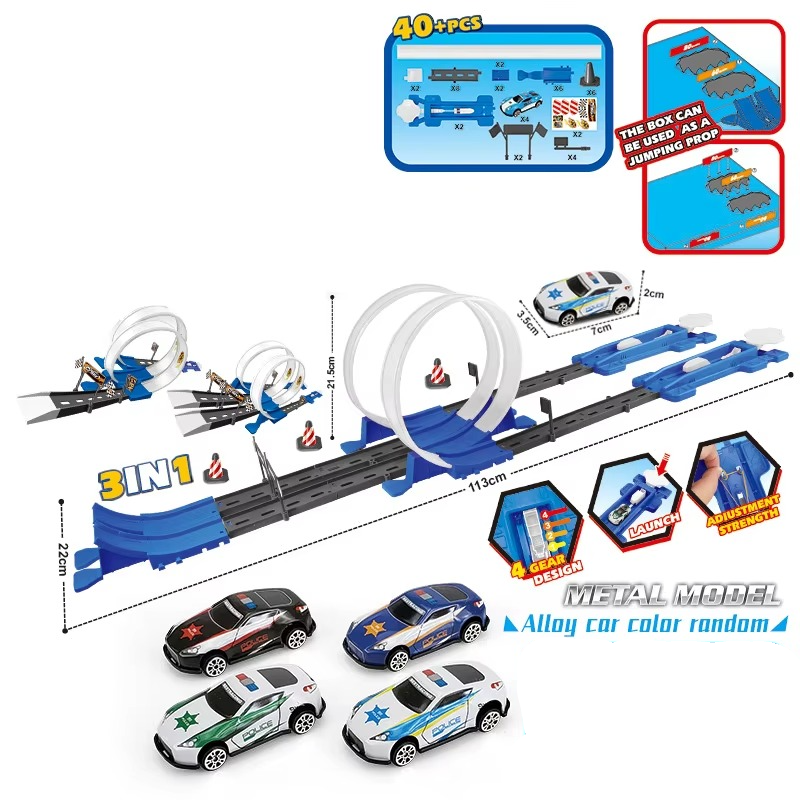 A complete kids' double looping race track set unboxed, ready for assembly and hours of play.