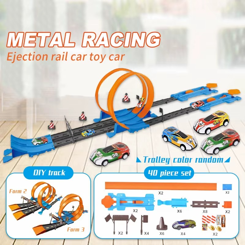 Two toy cars racing side-by-side on a double looping track, illustrating competitive family fun.