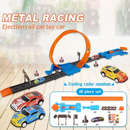 Kids playing with a vibrant double looping race track set, enhancing motor skills and coordination.