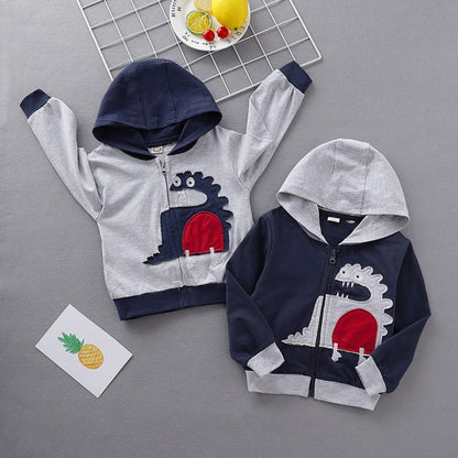 Kids dragon embroidered zip-up hooded sweatshirt in soft cotton, front view