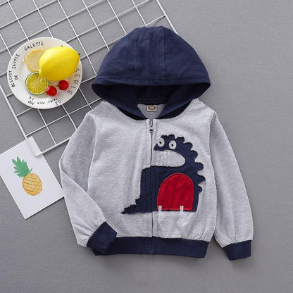Back view of a kids' embroidered dragon zip-up hooded sweatshirt