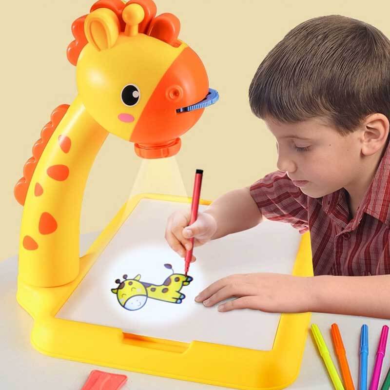 Kids drawing on an educational projection board with a giraffe image, creative play art toy for ages 3-8.