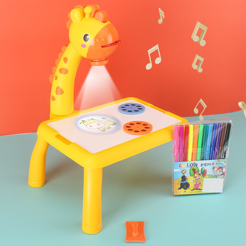 Smiling child using a dinosaur projection drawing kit, enhancing creativity with this art toy.